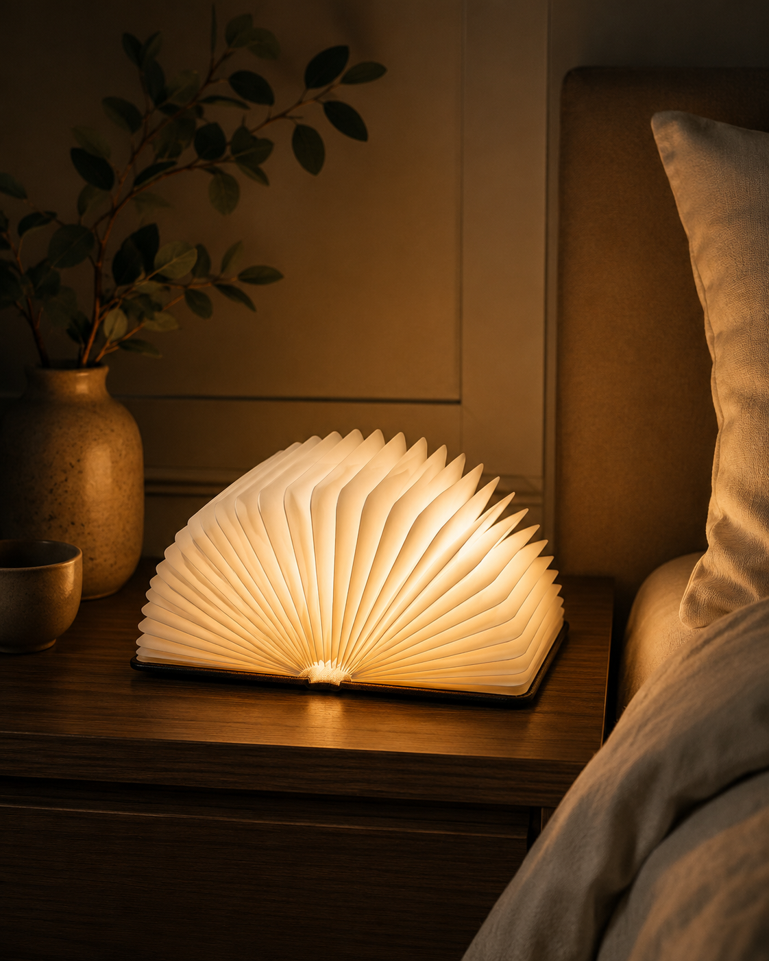 The Classic book light glowing on a bedside table beside a stack of books